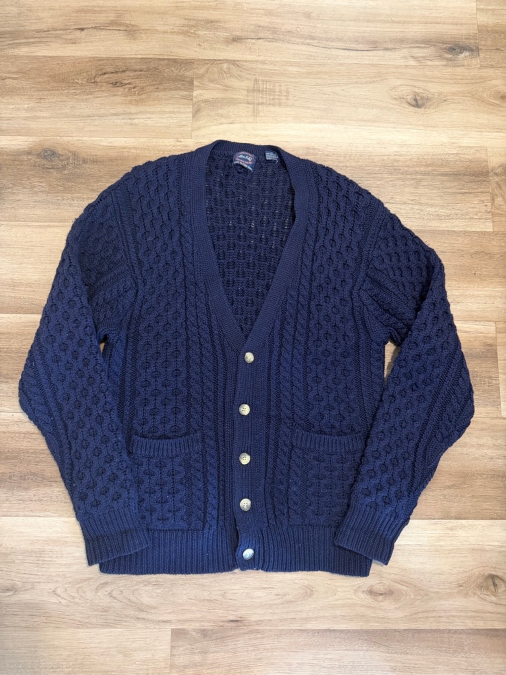 Vintage Allen Solly Mens Wool Cable Knit Cardigan Sweater Navy Blue  sz XL